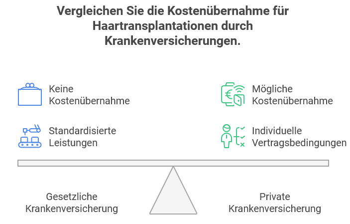 Vergleich zwischen private Krankenversicherung und gesetzliche Krankenversicherung zur Übernahme von Haartransplantationskosten