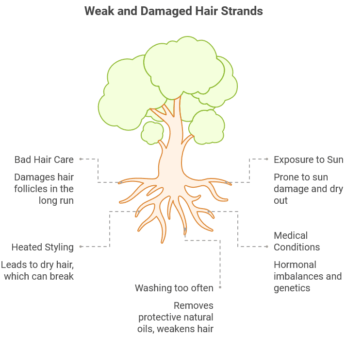 Illustration of a tree representing weak and damaged hair strands. The leaves symbolize the hair strands, while the roots represent causes of damage.