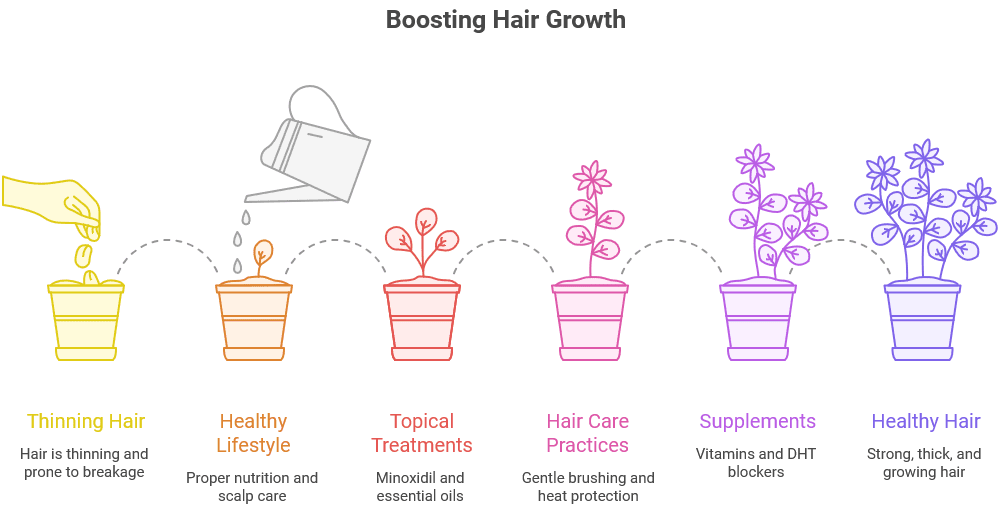 A visual representation of the stages to boost hair growth, illustrated with growing plants in pots.