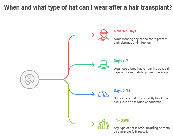 Infographic titled "When and what type of hat can I wear after a hair transplant?" It outlines safe hat-wearing timelines post-surgery.