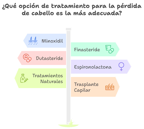 Ilustración de un poste con señales de colores que indican diferentes opciones de tratamiento para la caída del cabello: Minoxidil, Finasteride, Dutasteride, Espironolactona, Tratamientos Naturales y Trasplante Capilar. En la parte superior aparece la pregunta: '¿Qué opción de tratamiento para la pérdida de cabello es la más adecuada?
